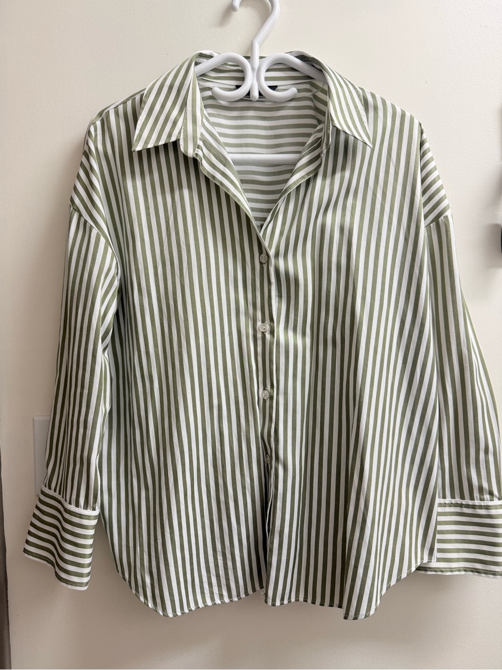 Zara Olive and White Vertical Stripe Button-Down Shirt